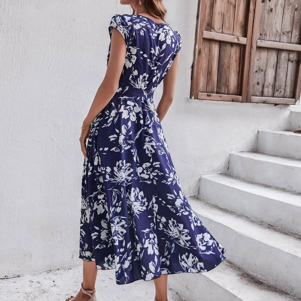 New Floral Print Puff Sleeve Wrap Belted Dress Blue - Picture 2 of 6